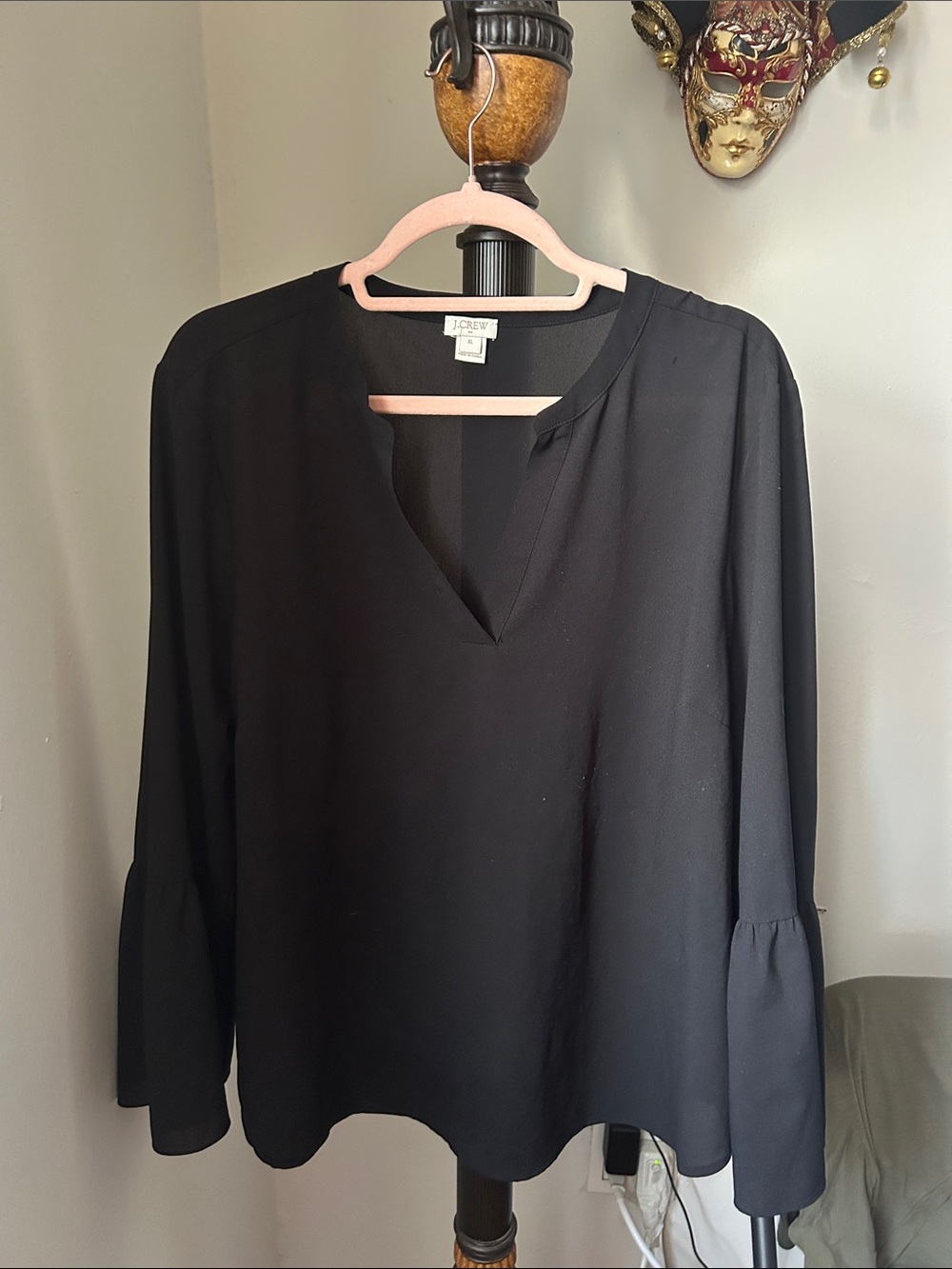 J. Crew Black V-Neck Long Sleeve Top with Subtle Bell Sleeves
